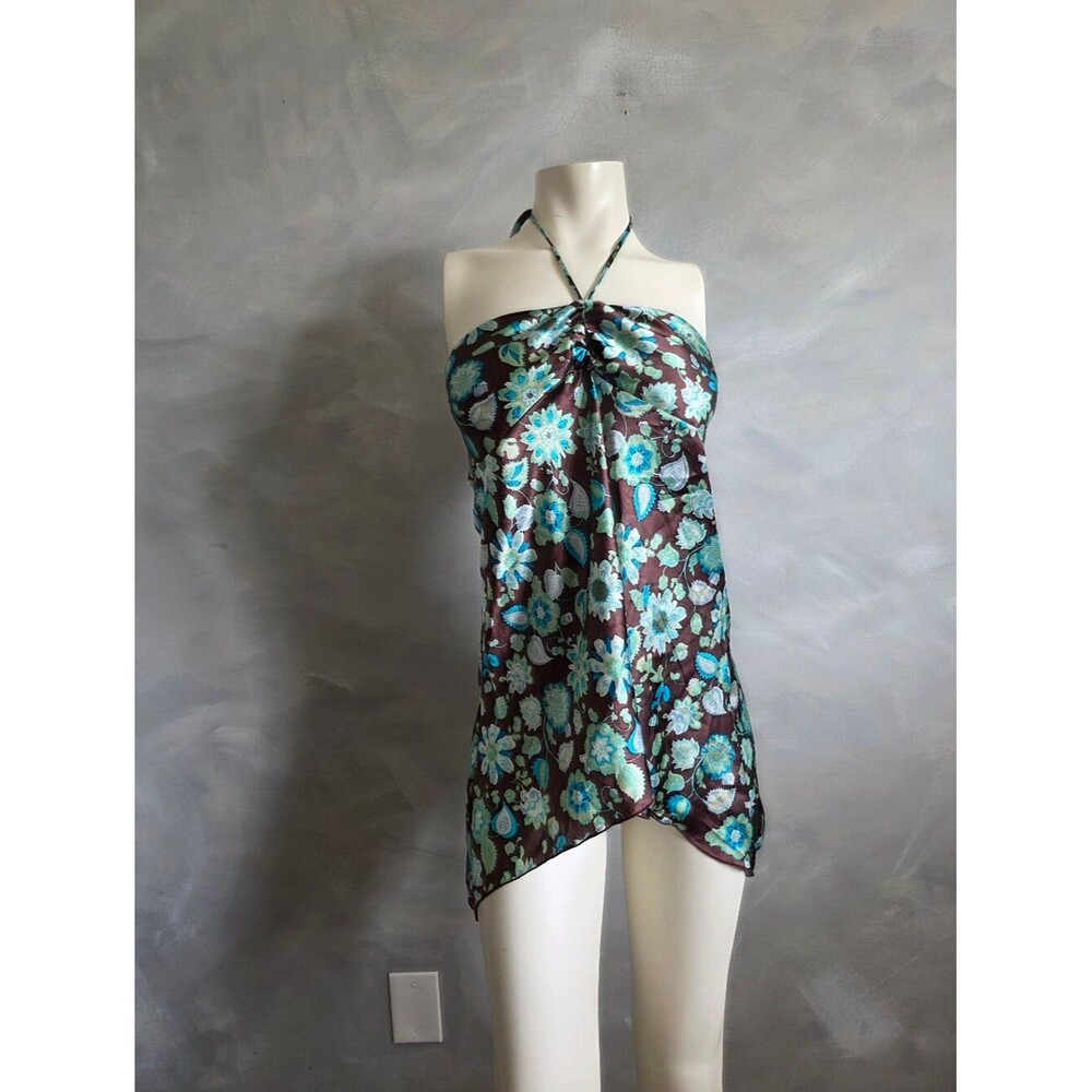 Vtg Y2K 00s Bratz Blue Brown Tie Neck Halter Smocked Back Hankerchief M